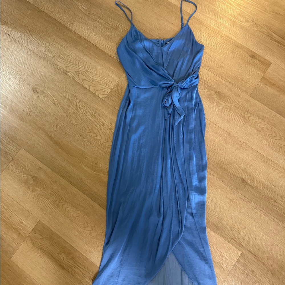 Blue Midi Wrap Dress with Spaghetti Straps
